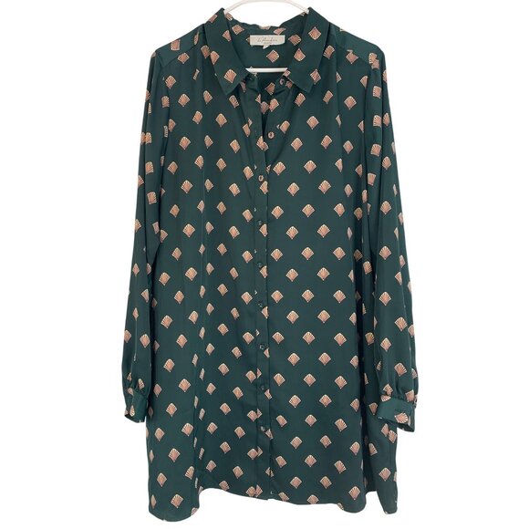 LAcademie Los Angeles Green & Red Fan Print Button-Up Shirt Dress XL RK10650 - Picture 7 of 9